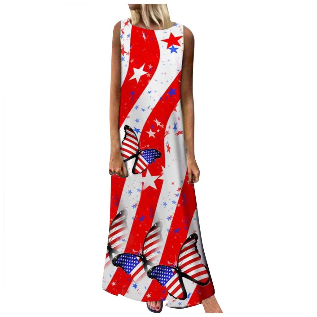 Women Boho Summer Sleeveless Sling Printed Casual Loose Long Dress