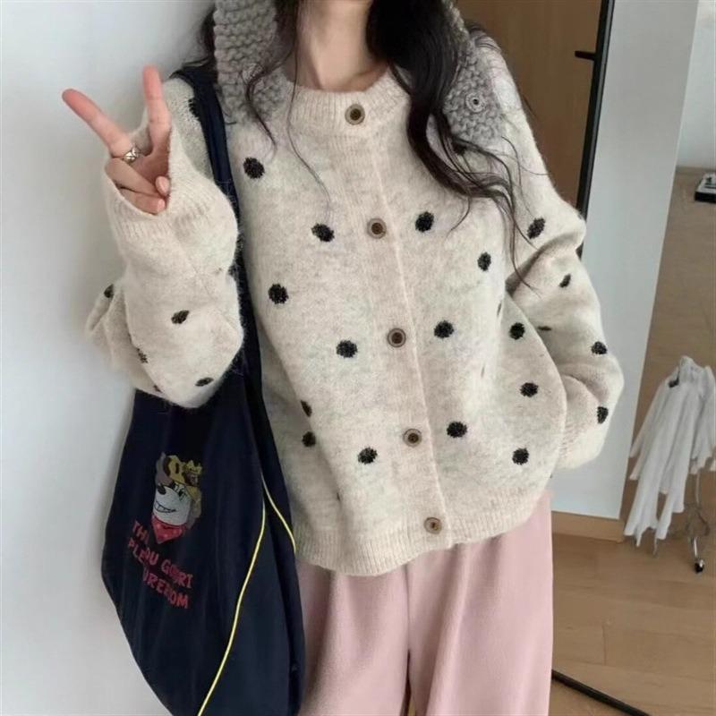 YYFS Damenmode Lässig Herbst Winter Polka Dot Print Langarm O-Ausschnitt Pullover