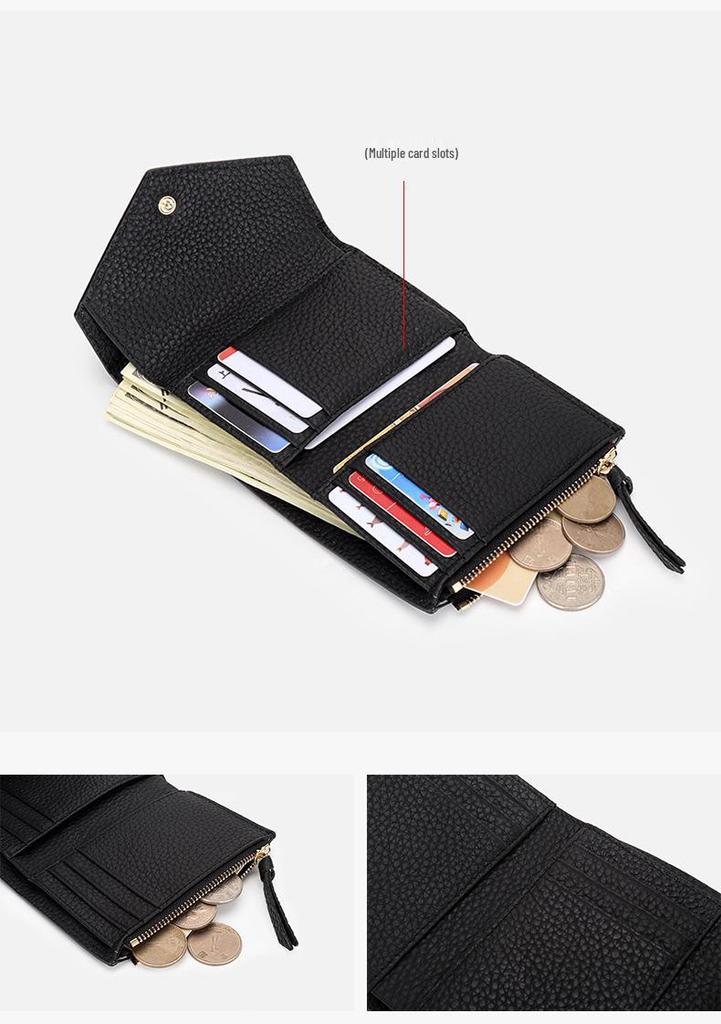 Women's Genuine Leather Tri-Fold Wallet - Small, Simple, Foldable Coin Purse in Japanese Korean Style.