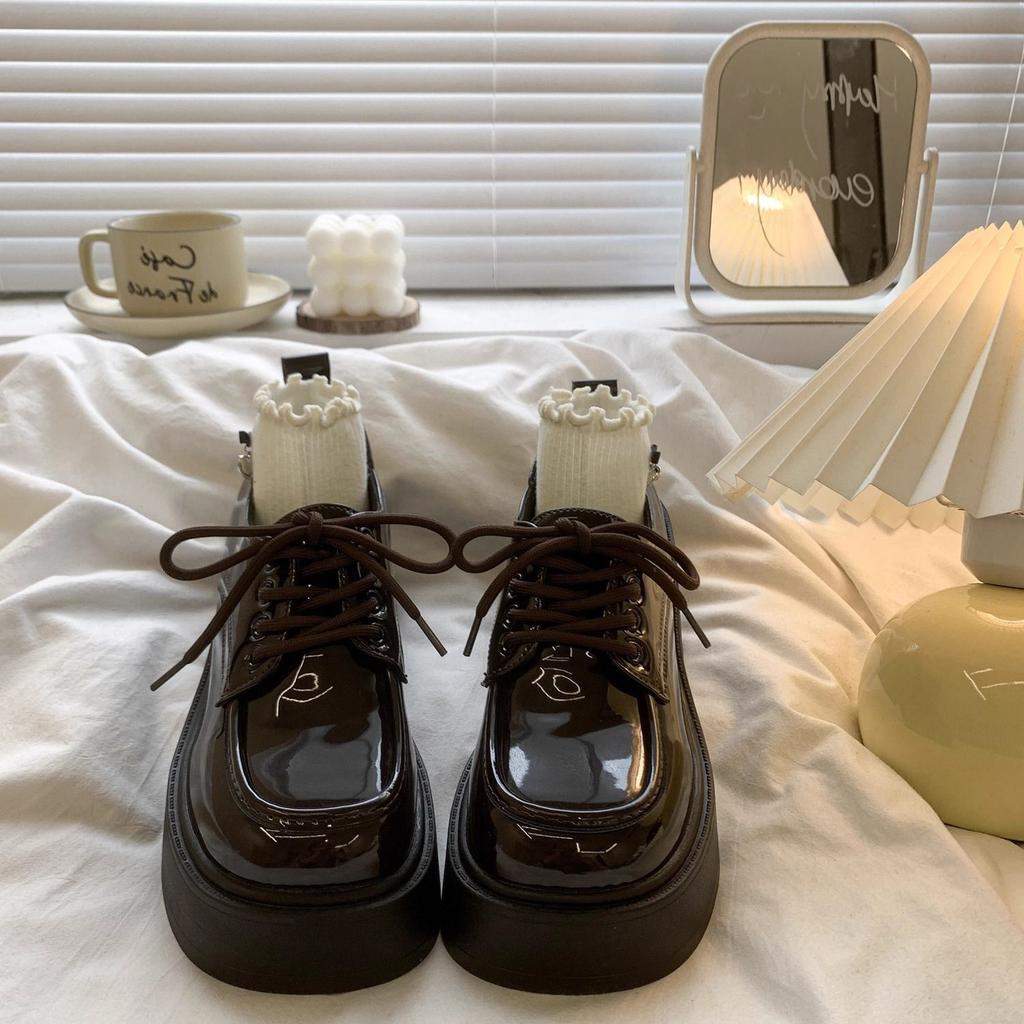 Women'S Platform High Heel Mary Jane Leather Shoes  Spring Autumn New Vintage British Height Increase Lace Up Loafers