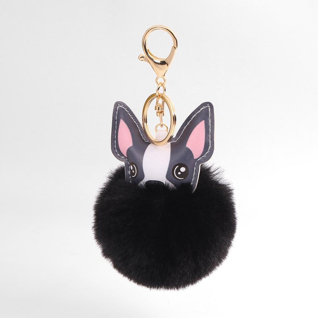 Bulldog Pom Pom Keyring (Black) Bag Decoration Car Perky Ring