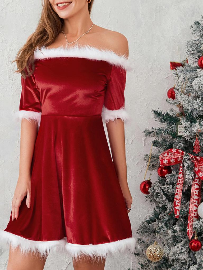 Off-Shoulder Plush A-Line Dress - Autumn/Winter Edition