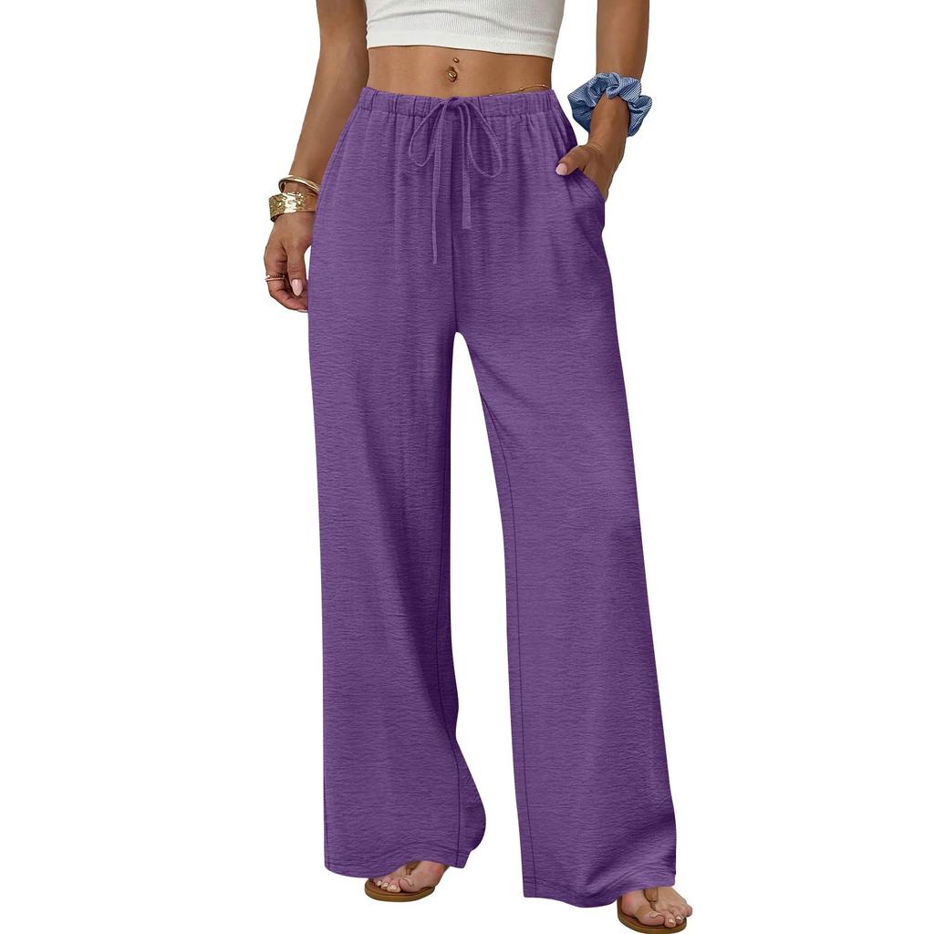 Women's Fashion Wide-Leg Trousers With Drawstring Elastic Waistband And Pockets Relaxed-Fit Casual Trousers
