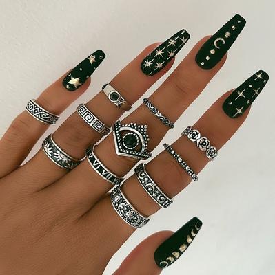 Anel retrô com pedras preciosas pretas, conjunto de 11 peças de anéis de estrela e flor, anel simples em forma de coração, joias femininas populares