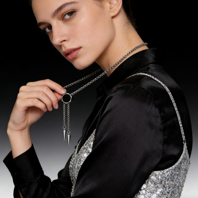 Stainless Steel Bolo Necklace With Hexagonal Pendant Detail For Lightweight Comfort In Casual And Business Settings