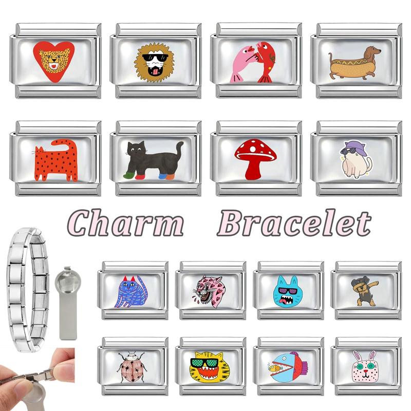 Creative Personalized DIY Cartoon Animals Series Charm Bracelet Lovely Fish Dog Cat Bead Fit 9mm Stainless Steel Bracelet Gift