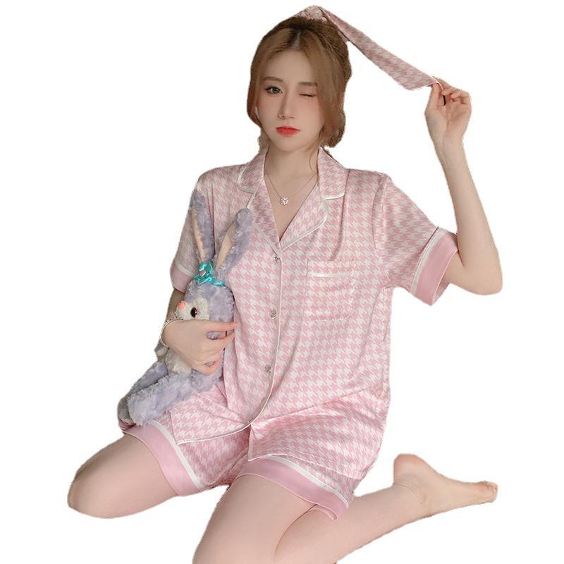Qiandongge Ice Silk Pajamas Women'S Casual Loungewear Short-Sleeved Shorts Two-Piece Set