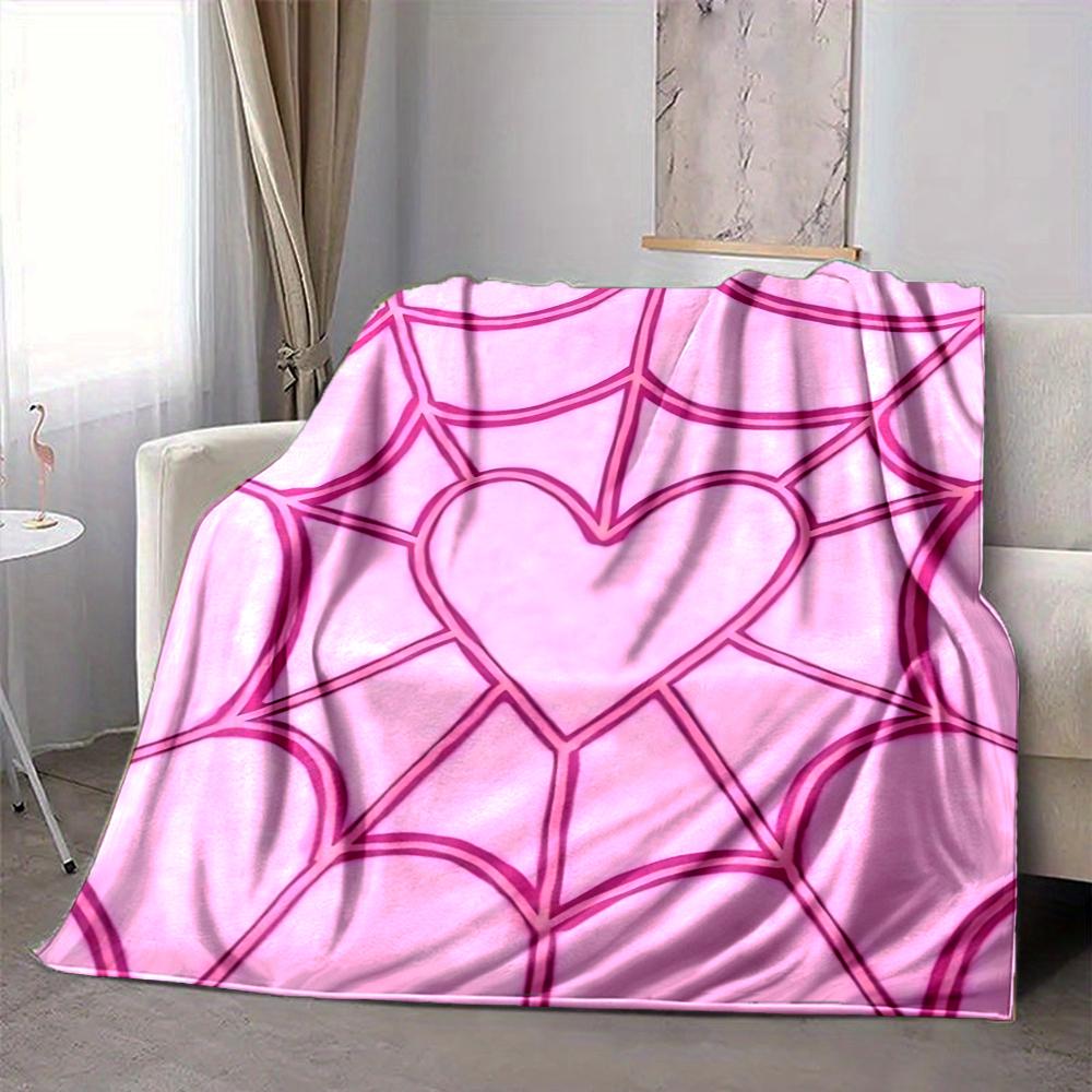 1Pc Pink Heart Web Flannel Blanket, Soft And Comfortable, Casual Warm, Camping Travel, Christmas, Halloween Xmas Gift. G1126