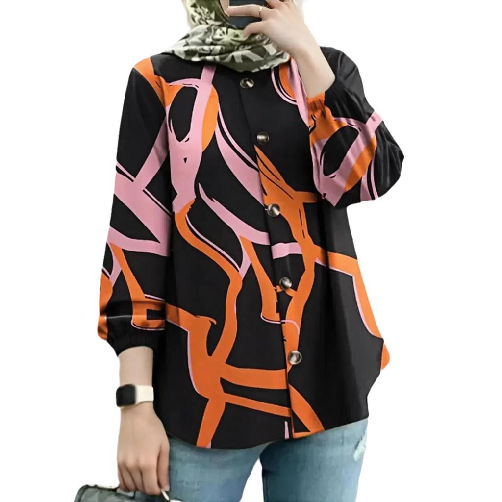 Nueva Camisa de Botones Estampada de Manga Abullonada Holgada Talla Grande para Mujer