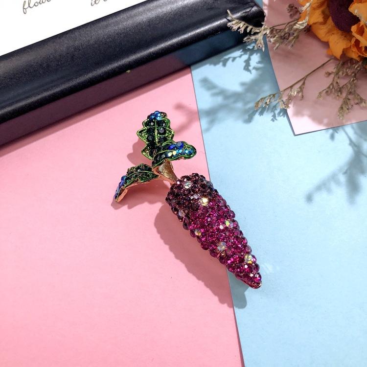 Beautiful Colorful Fruit Crystal Brooch Cartoon Fresh Grape Strawberry Radish Pin Silk Scarf Cardigan Accessories