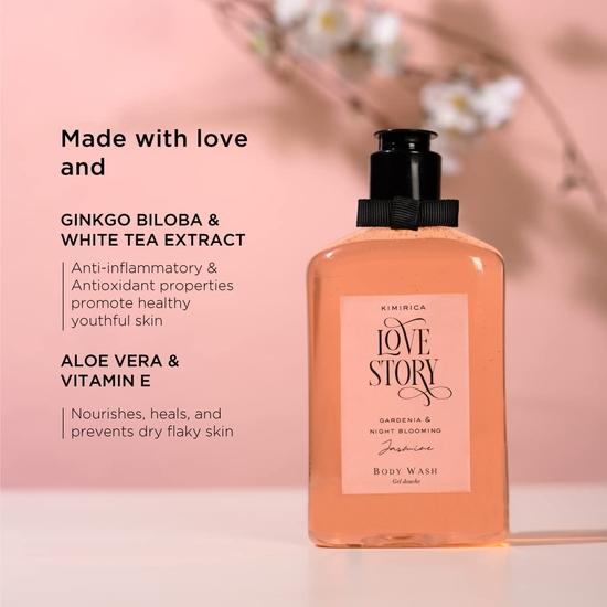 Kimirica Love Story Summer Body wash Delikatny peelingujący żel pod prysznic | Głęboko oczyszcza skórę 100% wegański i bez parabenów Night Blooming Jasmine