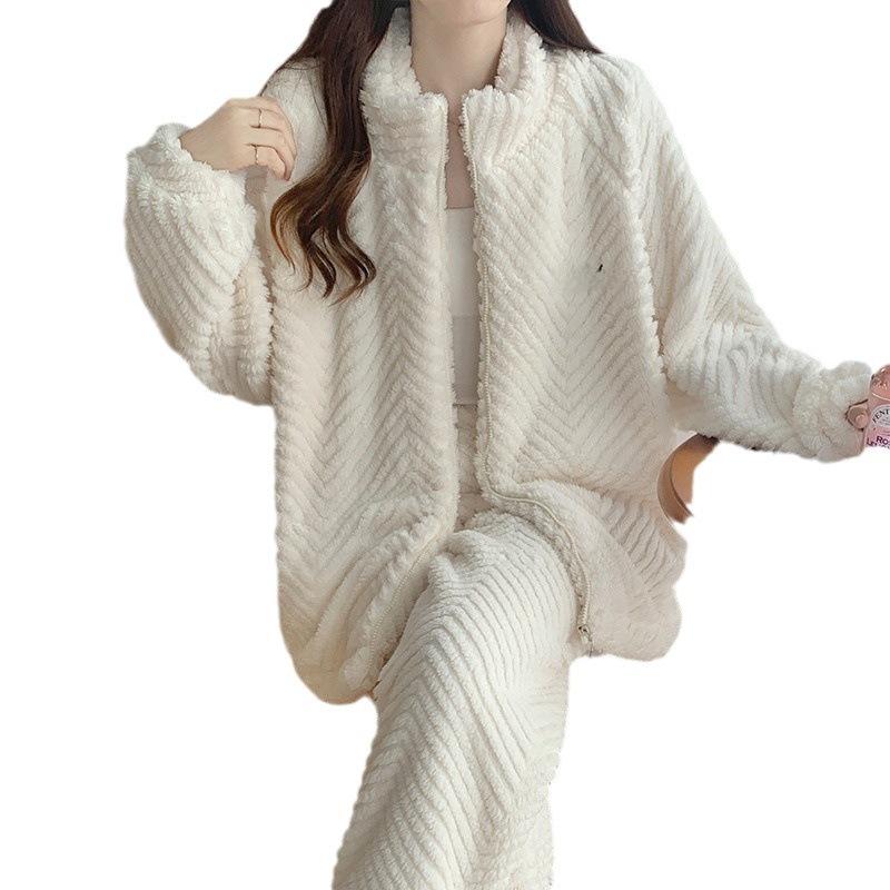 Pijamale Jacquard din Fleece Coral pentru Femei: Cardigan drăguț, călduros, cu guler înalt cu fermoar pentru toamnă și iarnă