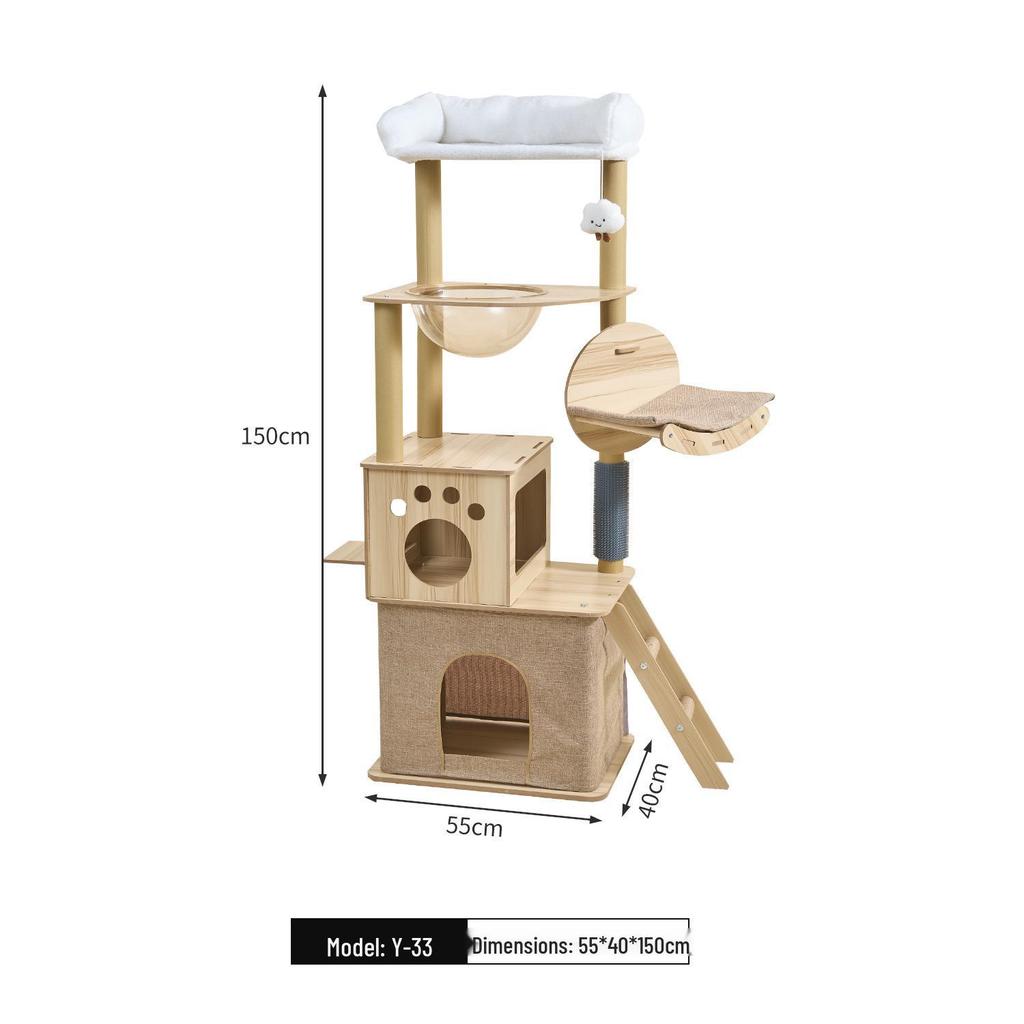 Large Wooden Cat Tree & Scratching Post with Space-Saving Design - Integrated Climbing Frame & House