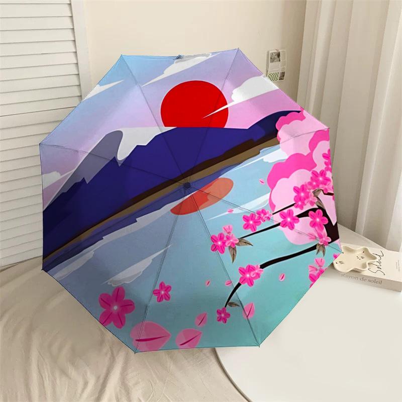 1pc Mount Fuji Cherry Blossoms Automatic Folding Umbrella 8 Rib Iron Frame,  Suitable for Travel, Daily Use, Birthday, Women & Men Gift C1231051