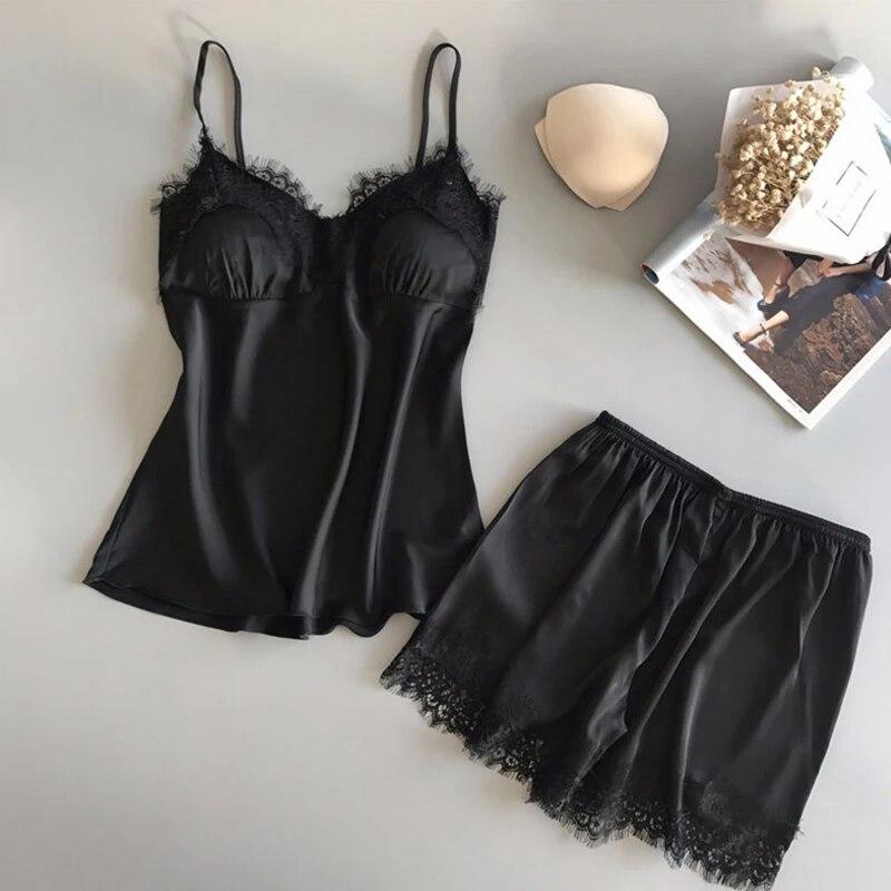 Women New Pajama  Fashion V-Neck Stretch Satin Babydoll Lace Sexy Lingerie Bowknot Pyjamas Sleep Shorts Set Sleepwear