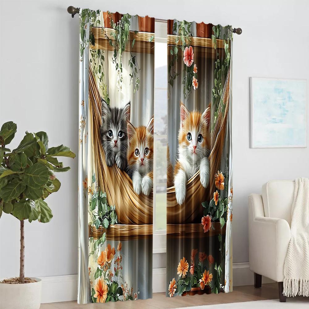 Versatile Polyester Transparent Curtains Home Decoration Fun Animal Cat Use Bedrooms Living Rooms Curtain Set Of 2 Made Washable Room Ready