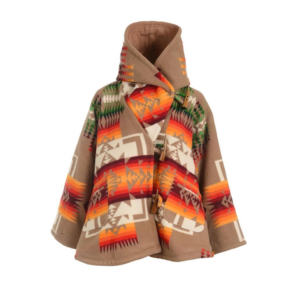 Womens Casual Retro Print Long Sleeve Hooded Jacket Pocket  Button Coats