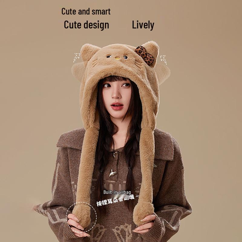 Women's Warm Fleece Cartoon Cat Hat with Moving Ears & Ear Muffs for Autumn/Winter