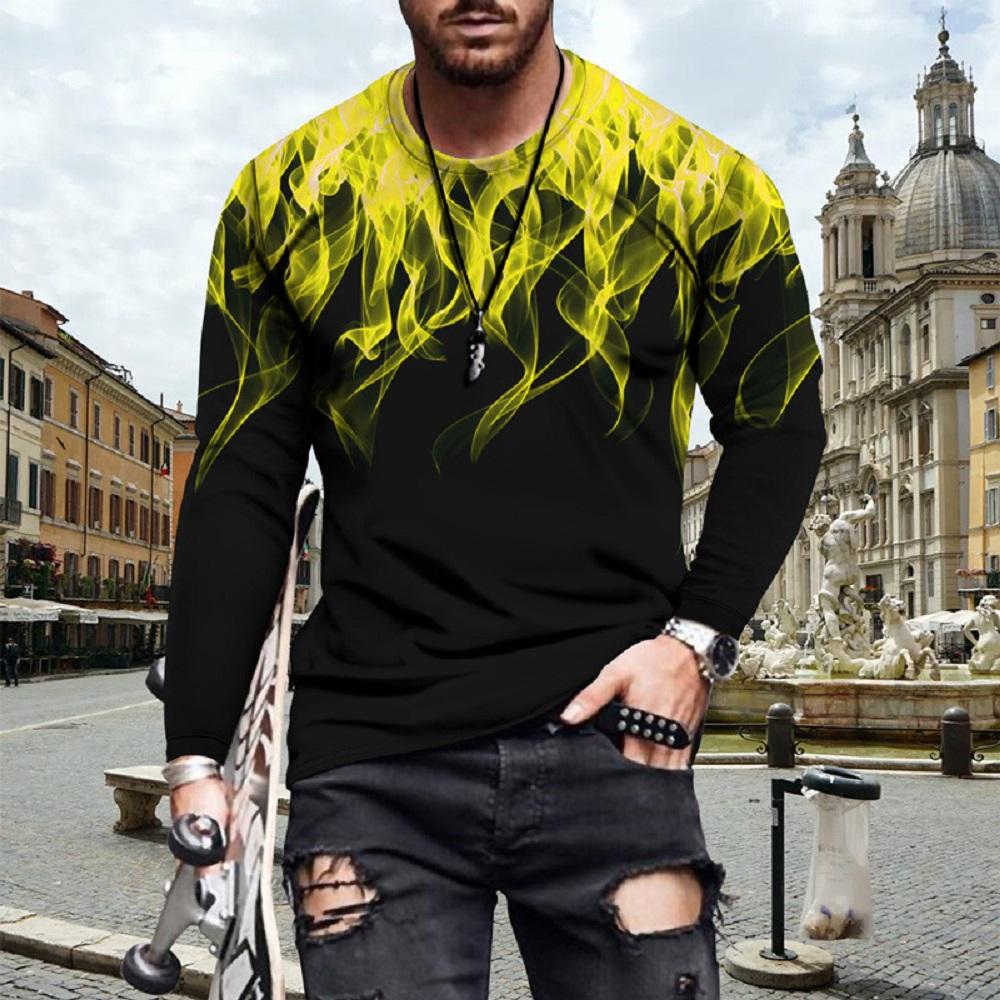 Men's Popular Multi-color Flame Print Long-sleeved T-shirt, Personalized Fashion Round Neck Pullover, Casual Men's Wear