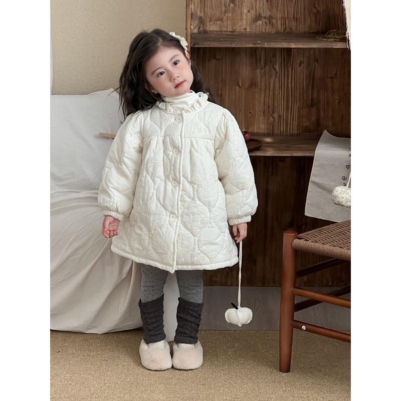 Winter New Children's Clothing Korean Style Children's Lace Embroidered Cotton Long Cotton Clothes Girls' Fleece-lined Lace Princess Cotton Coat