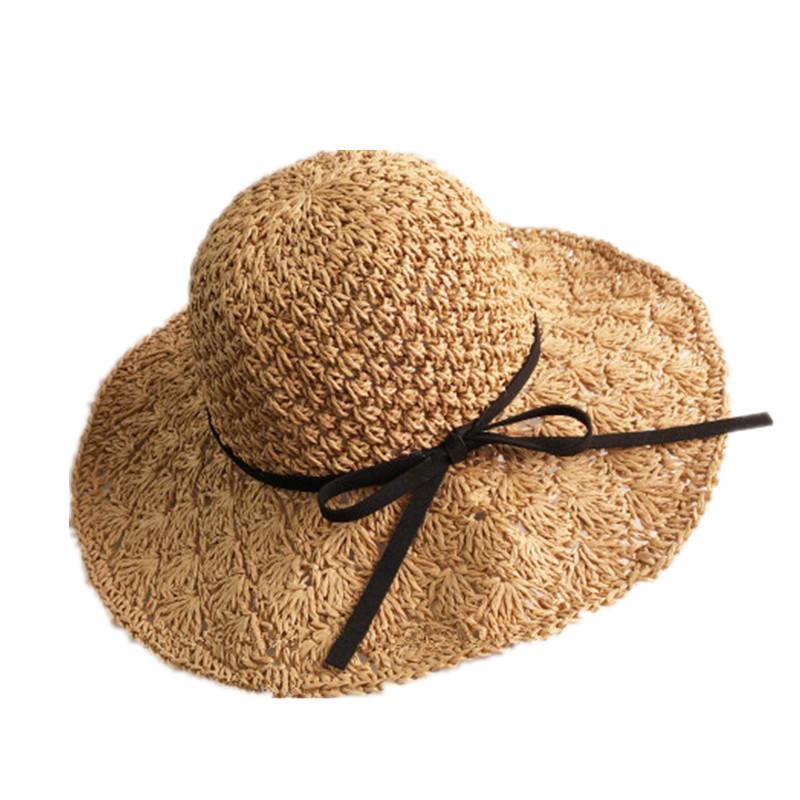 Korean-style Large-brimmed Handmade Woven Straw Hat for Women, Summer Vacation Sun Protection Hat with Bow, Beach Sun Hat, Foldable