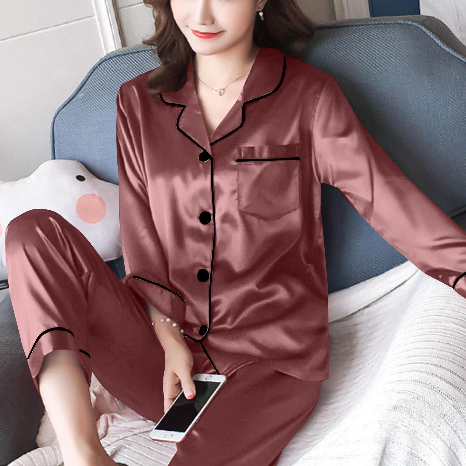 

Женский повседневный кардиган с длинным рукавом, пижамный комплект, домашняя одежда из шелка, комплект из двух предметов XXL киноварь