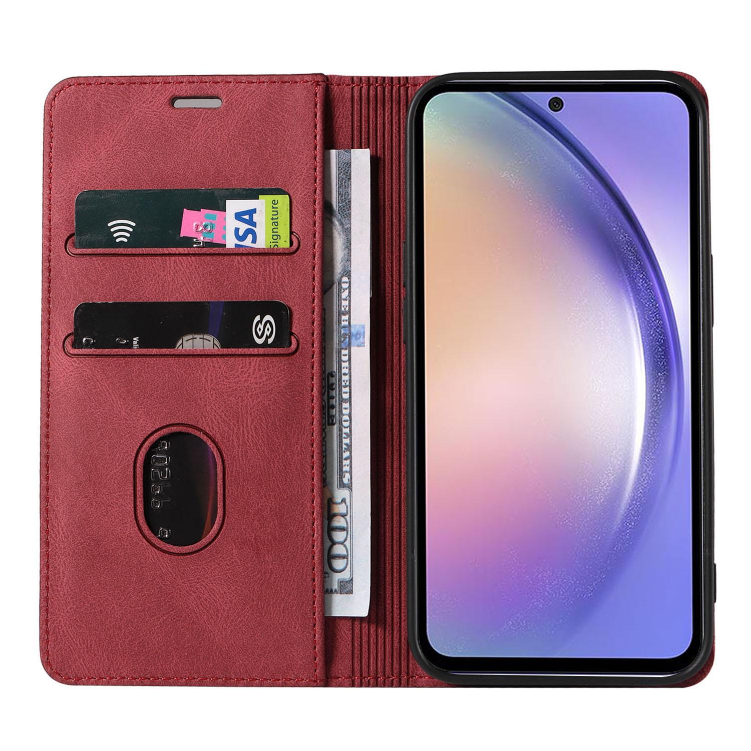 

For Samsung Galaxy S24+ Magnetic Case PU Leather Card Slots Phone Cover Red