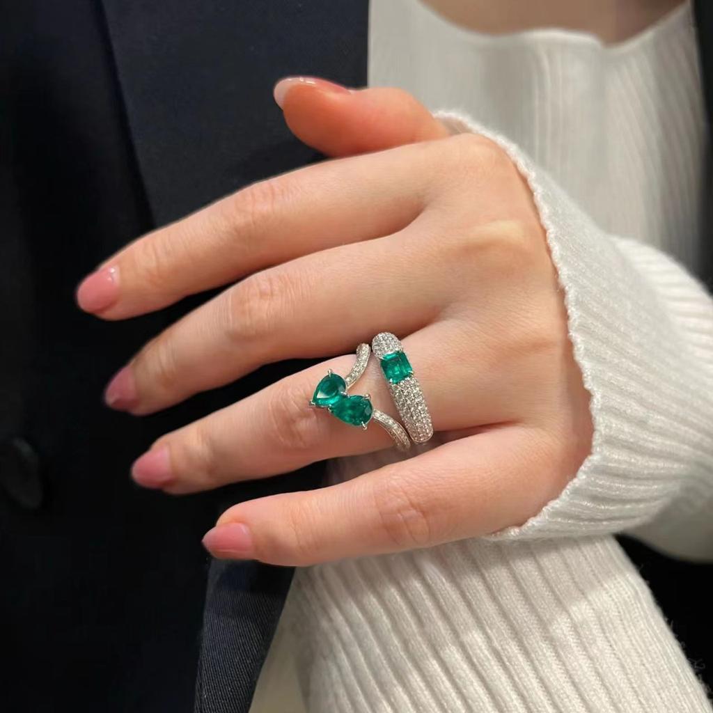 Imitation Emerald Ring, Female Luxury Full Of Diamonds, High Sense, Cold Wind Temperament, Water Drop Square Zircon Ring