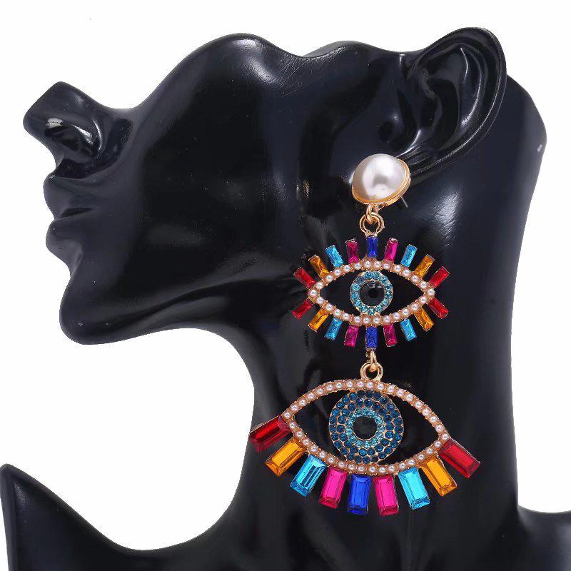 Exaggerated European & American Fashion Devil's Eye Fan-Shaped Rhinestone Tassel Earrings
