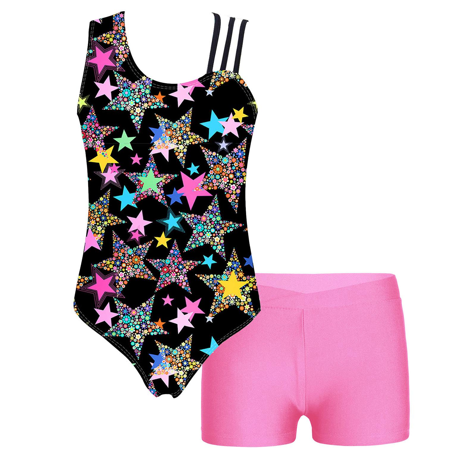 

Girls Asymmetric Leotard Printed Dance Top V Front Waistband Shorts Gymnastic Performance Practice Outfit 13-14 Years