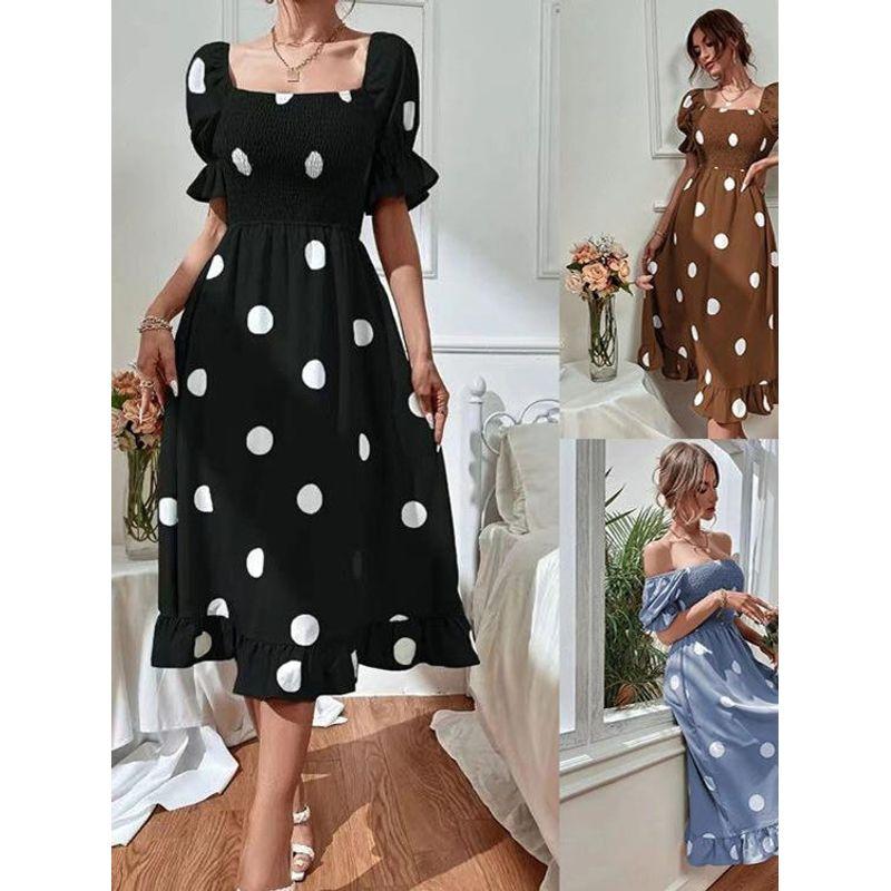 

Cross-Border Foreign Trade Amazon Independent Station 2024 Summer Big Dot Ruffles Elegant Silm Short Sleeve Dress Women Black XL
