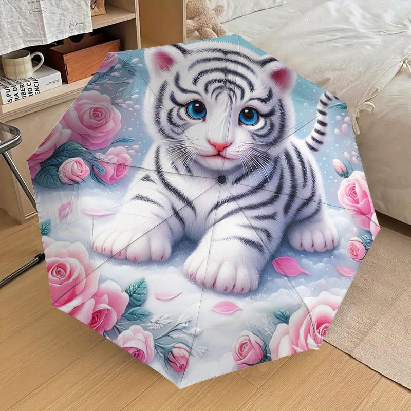 1pc Adorable White Tiger Cub with Pink Roses Umbrella with Plastic Handle,Suitable for All Seasons Home Travel Outdoor UmbrellaDD034