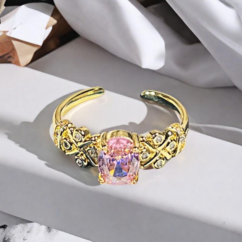 Sweet Girl Heart Pink Love Zircon Crown Open Ring Niche Design Light Luxury High Sense Fashion Ring