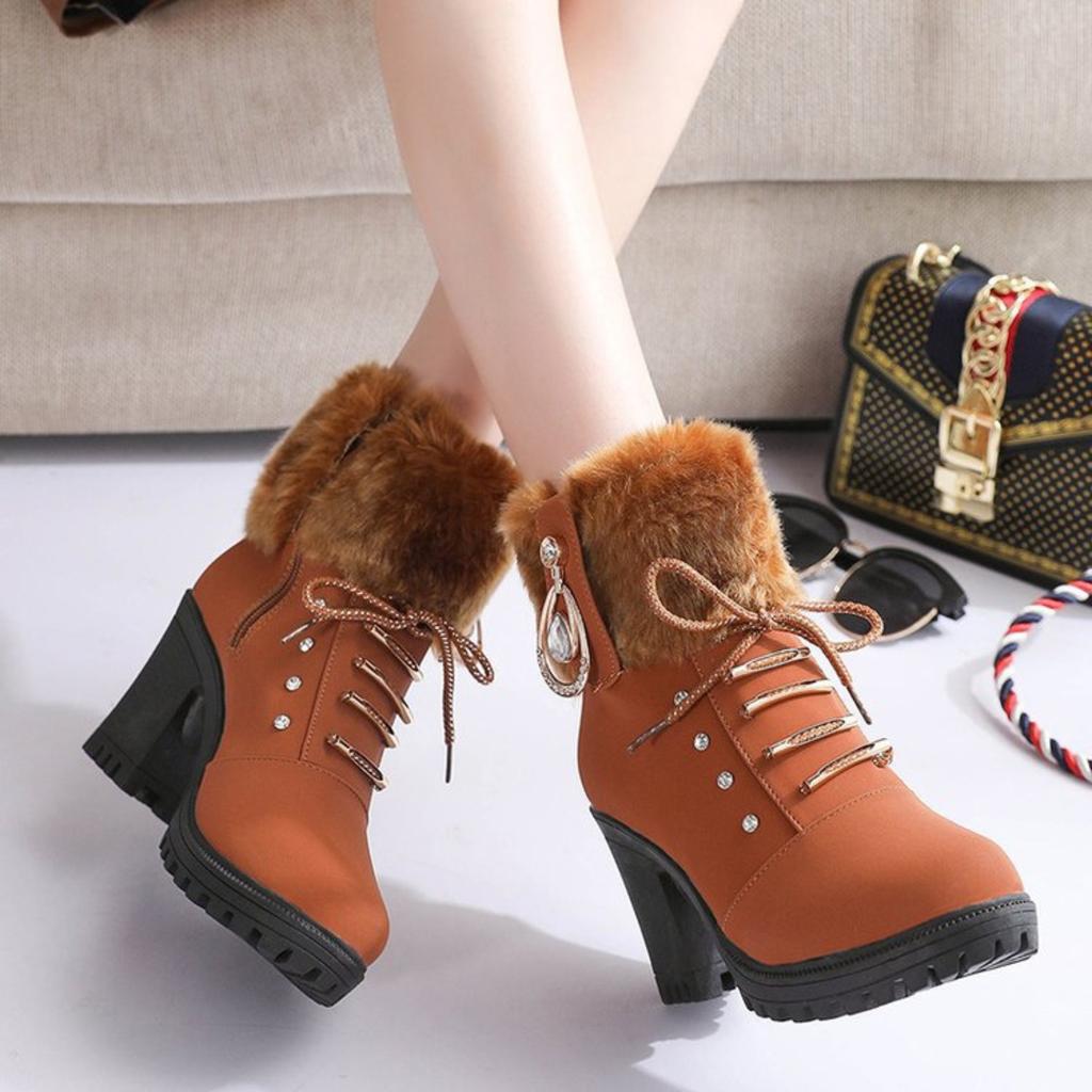 Women's High,heeled Boots With Fleece And Chunky Heels