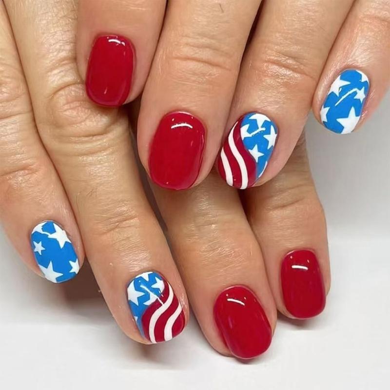 

Square Press on Nail 4th of July Fake Nail Independence Day Glues on Nail Patriotic False Nail Full Cover Fake Nail 1