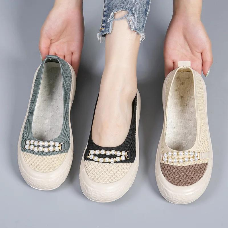 Fashion Women Mesh Shoes New Fashion Pearl Female Fisherman Shoes Breathable Thick Sole Women Footwear Shallow Casual Flats Mom Shoes