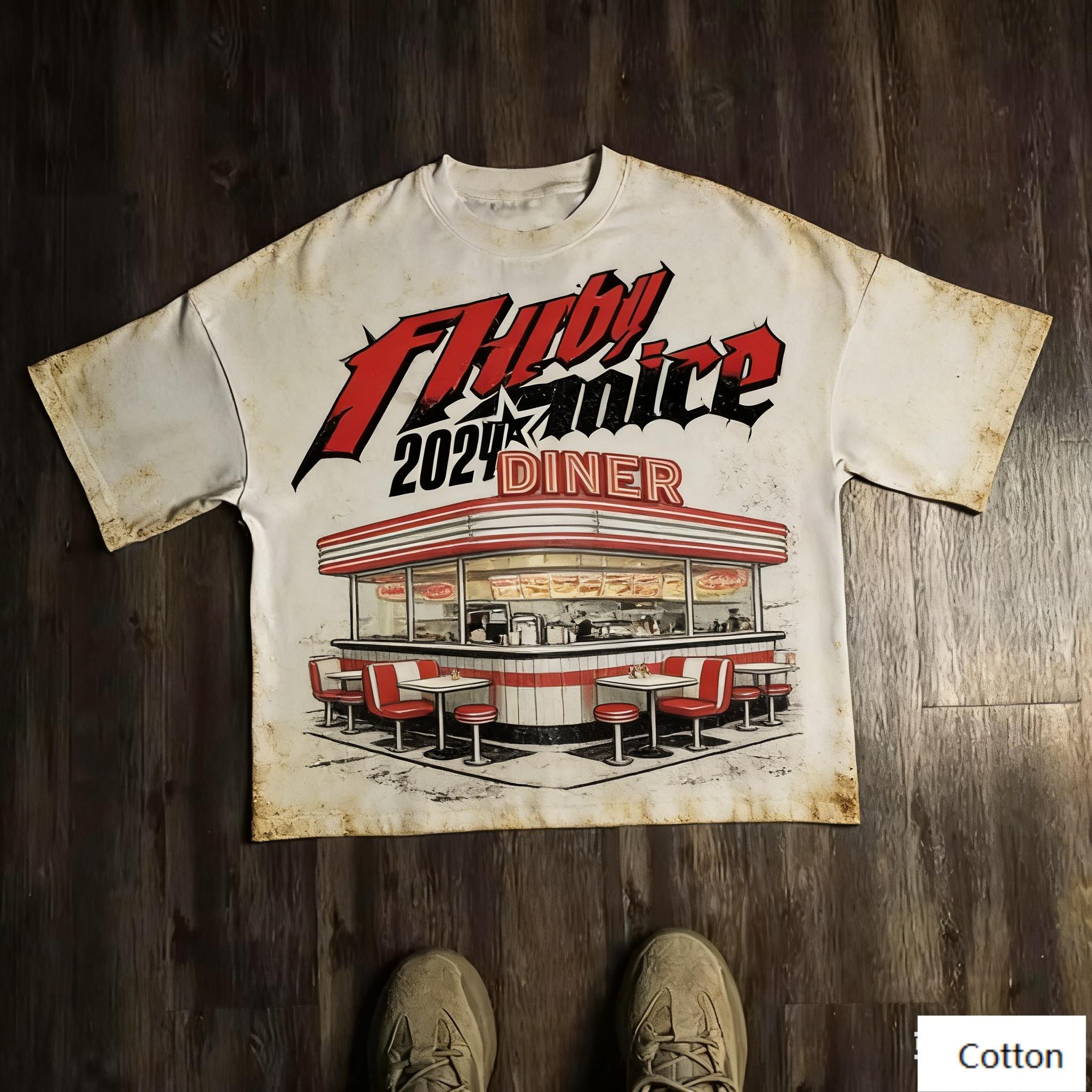 Oversized TShirt with Retro Diner Graphic Loose Streetwear Style Soft Heavyweight Fabric Classic Crew Neck L
