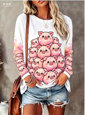 Women Long Sleeve T‑Shirt Cute Stacked Pink Pig Watercolor Graphic Print Crew Neck Loose Casual Daily Tops