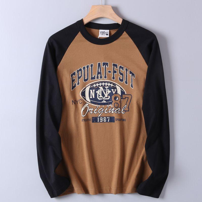 Men's Autumn Sports Casual Washed Cotton Long-Sleeve T-Shirt with Color-Blocking and Raglan Sleeves, Export Surplus