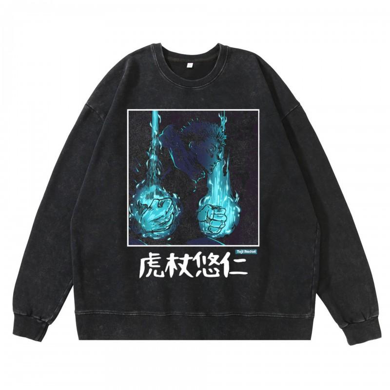 Dark Washed Vintage Anime Print Streetwear Hoodie Men - Retro Black Cotton Crewneck Sweatshirt Fall Casual Wear