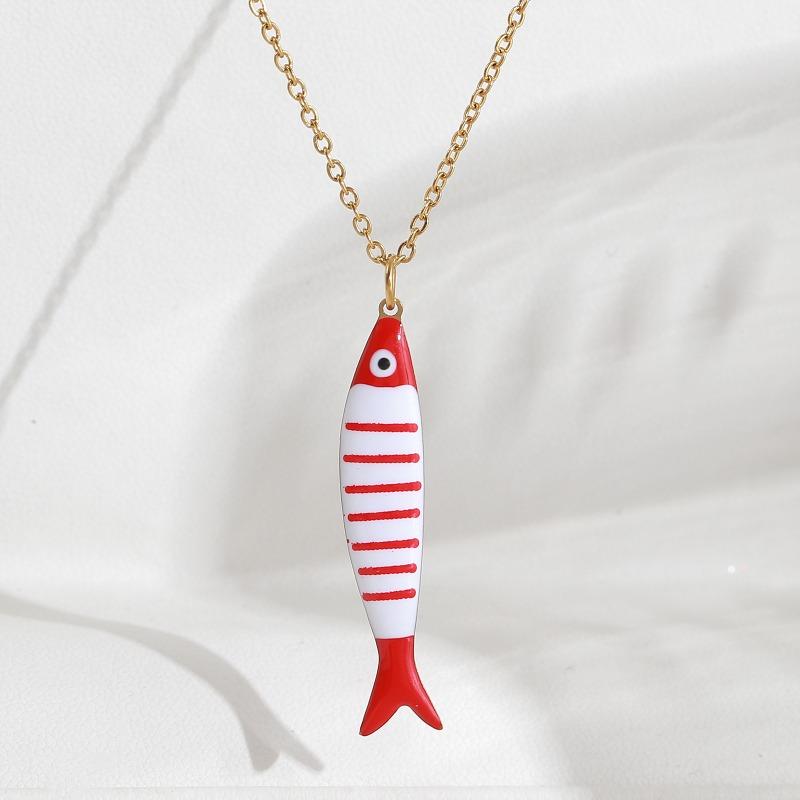 Süße Bunte Emaille Fisch Anhänger Halskette für Damen Edelstahl Streifen Fisch Charms Sommer Strandparty Urlaub Schmuck Geschenk