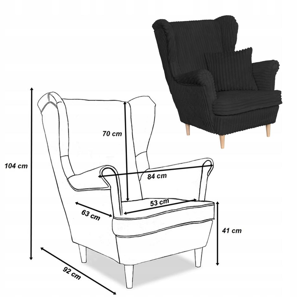 Fotel uszak Rene z podnóżkiem skandynawski Family Meble czarny sztruks