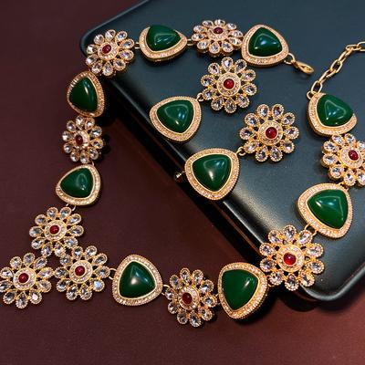 Orta Çağ Tarzı Ağır İşçilikli Yeşil Çiçek Abartılı Altın Kaplama S925 Kolye Küpe Vintage Takı Seti