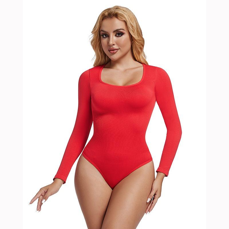 Nahtloser Square Neck Langarm Tummy Control Po-Lifting Taillenraffender Bodysuit Formwäsche