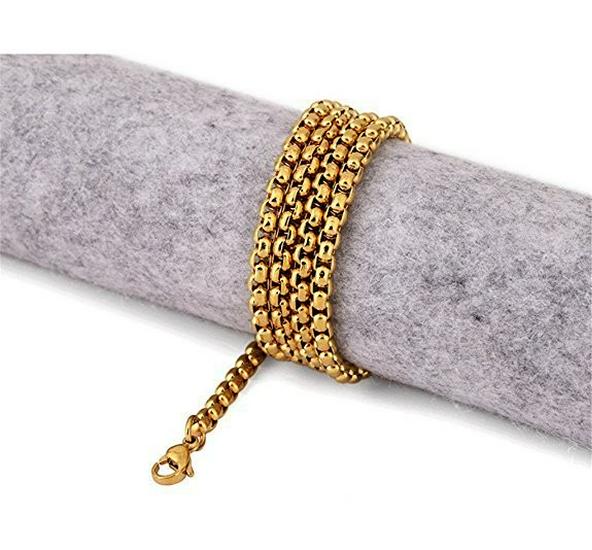 Men's Stainless Steel 3mm Square Pearl Dragon Bone Necklace, Gold and Black