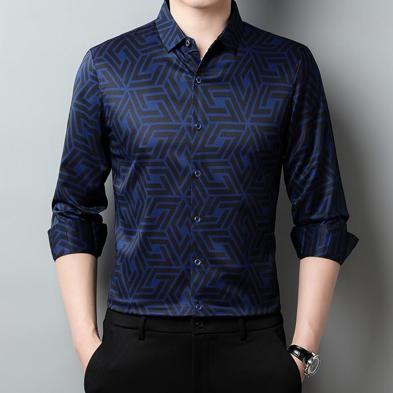 Men's Shirt Plaid Long-sleeved Business Casual Spring and Autumn Lapel Contrast Fashion Casual Top