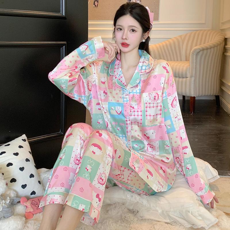 Color Matching Plaid Cartoon Pajamas Women'S Long-Sleeved Set Lapel Cardigan Loungewear Two-Piece Set