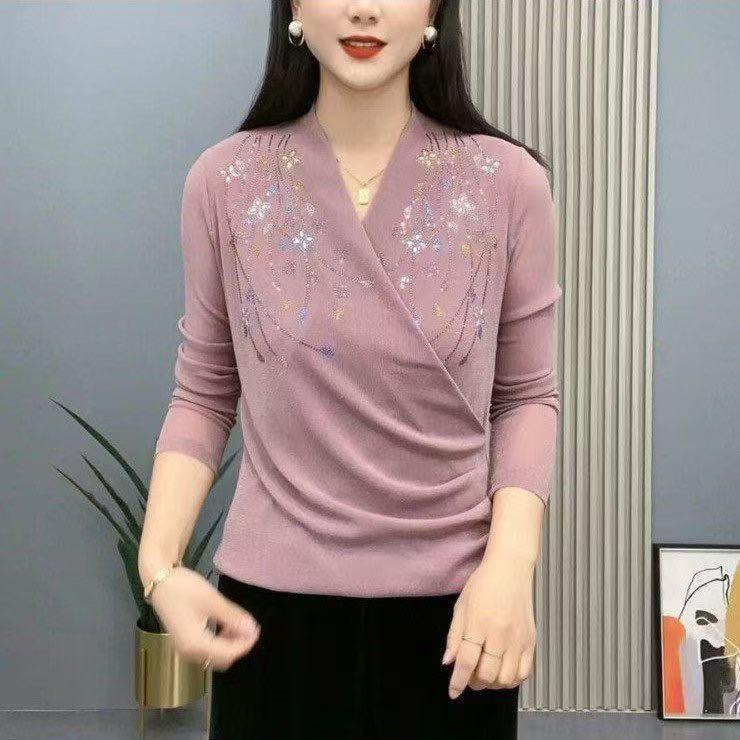 

Early Spring Rhinestone Floral V-neck Long Sleeve Women s T-shirt XL [Recommended 85-110 kg]