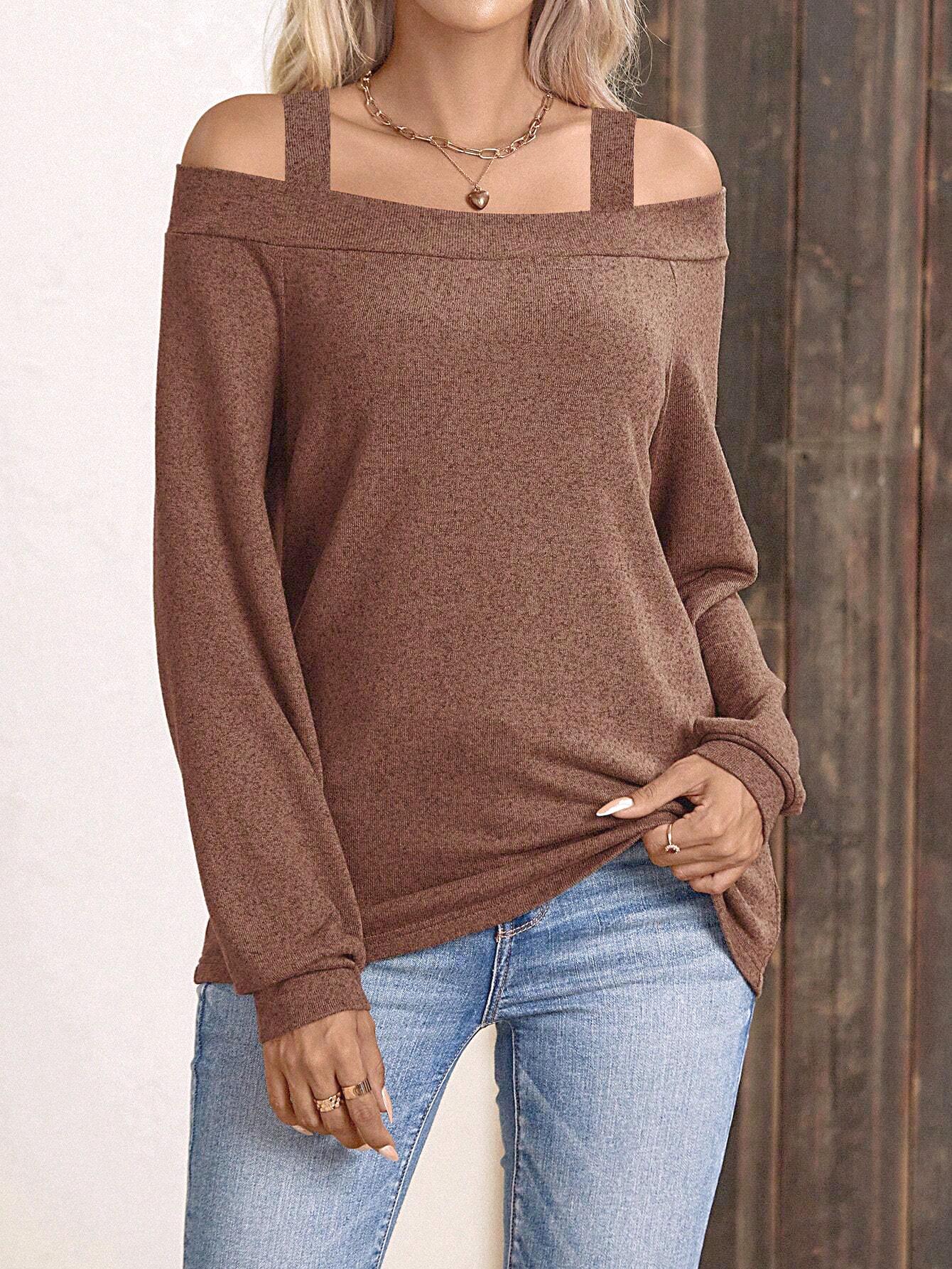 

European & American Women s Off-Shoulder Long Sleeve T-Shirt - Spring/Summer Fashion, Solid Color Top XL коричневый