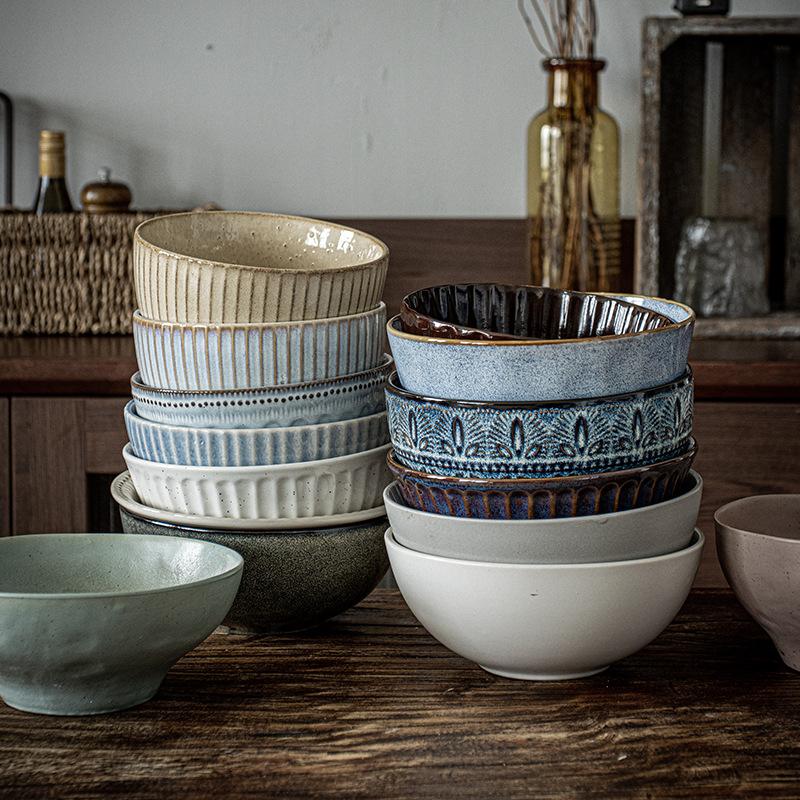 Retro Noodle Bowl Japanese Ceramic Bowl Salad Bowl Household Vegetable Bowl Instant Noodle Bowl Tableware Light Luxury High Value Soup Bowl Rice Bowl